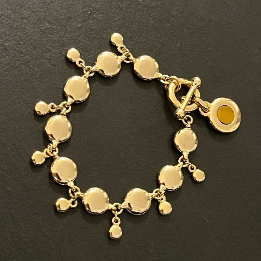 Sparkling Gold Tone Disc Link 8” Bracelet With Tiger Eye Toggle - Picture 2 of 12